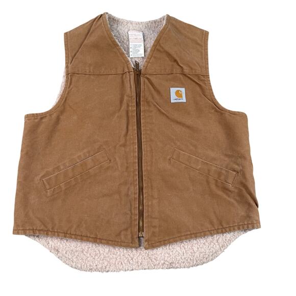 Vtg Carhartt Canvas Sherpa Trucker Work Farm Western Rancher Cowboy Vest V03 BRN